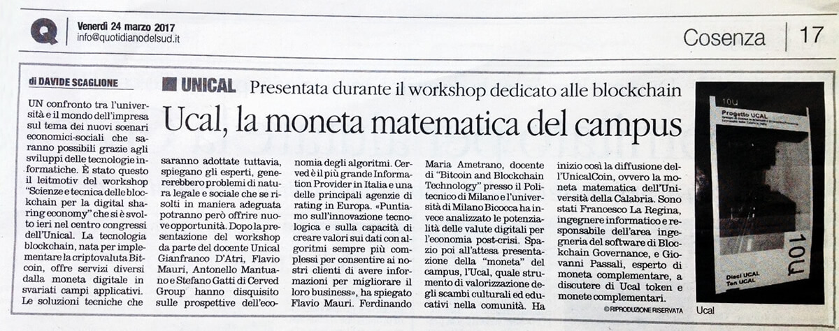 Studio La Regina - articolo del Quotidiano del Sud sul workshop "Scienze e Tecnica delle Blockchain per la Digital Sharing Economy"