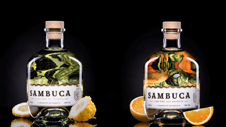 Le etichette delle Sambuche aromatizzate CS Liquori selezionate dalla rivista Favourite Design